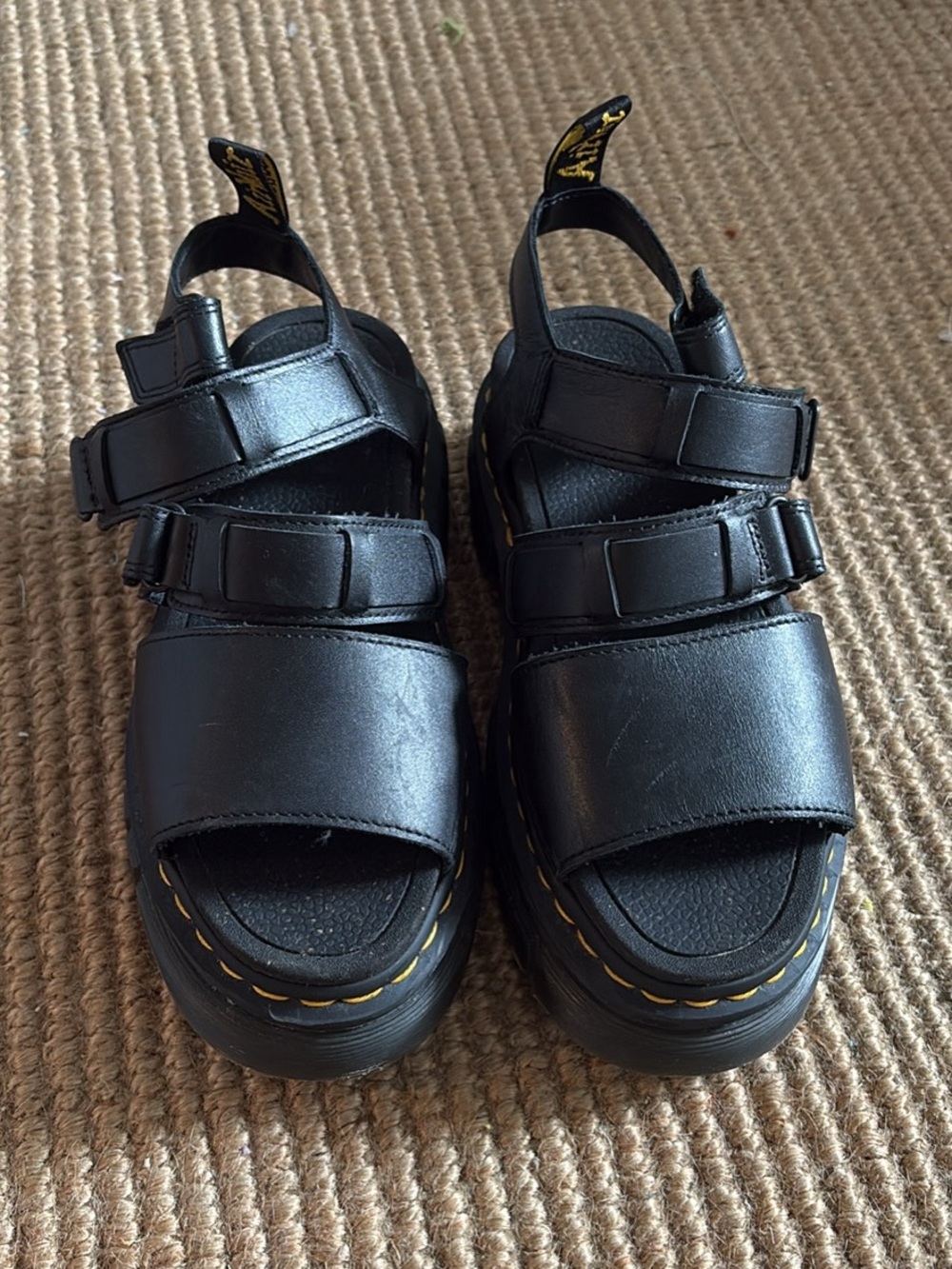 Dr. Martens Black Platform Sandals with Yellow Stitching